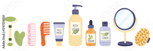 skincare routine set with jade roller, gua sha stone, combs, face mask, body lotion, serum, toner, mirror, and massage brush. Beauty essentials for morning routine, spa day, and wellness concept. 