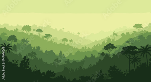 Lush green jungle canopy with layers of tropical trees creates a serene and peaceful nature scene for wallpaper or backgrounds