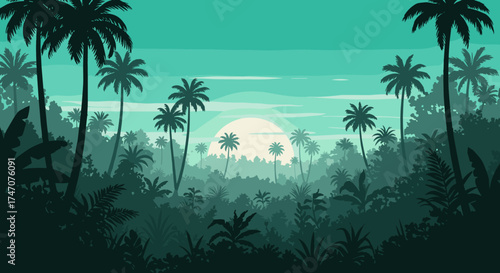 Dreamy tropical jungle scene with palm trees and a glowing sun, perfect for travel blogs or vacation promotions
