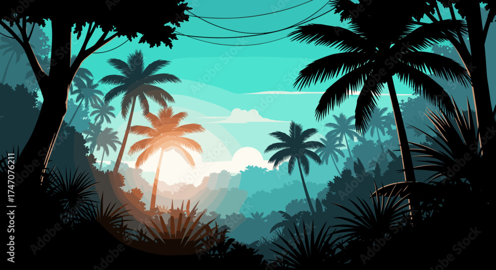 Obraz premium Explore a vibrant tropical paradise with lush palm trees and a dreamy blue sky, perfect for summer travel and adventure themes
