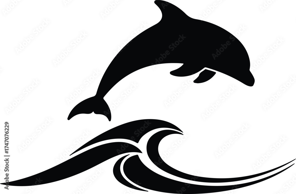 Fototapeta premium Vector silhouette of jumping dolphin above ocean wave illustration