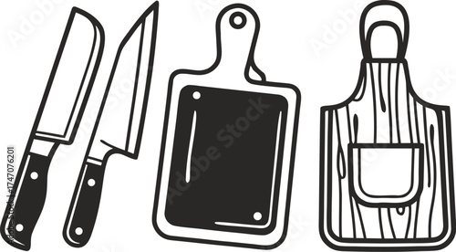 chef tools vector icons knife set apron cutting