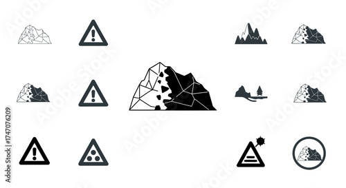 Collection of landslide and rockfall warning signs and icons representing natural hazards.