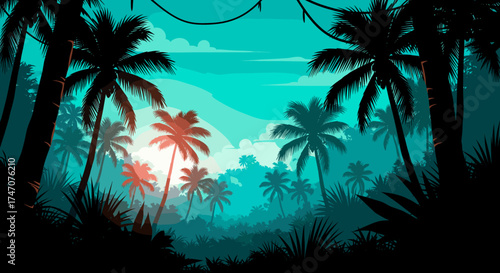 Escape to paradise with swaying palms against a vibrant teal sky, perfect for travel blogs or summer vacation promotions