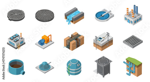 Collection of isometric industrial and infrastructure elements for urban planning and construction.