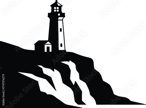 Vector silhouette of lighthouse on cliff with sea illustration