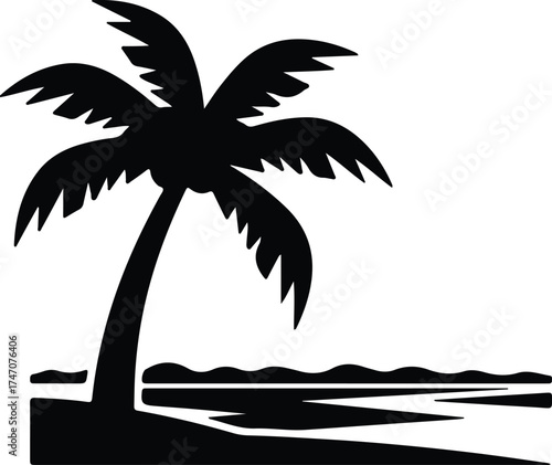 Vector silhouette palm tree and ocean landscape illustration