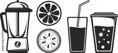 fresh juice icons blender orange slice straw cu