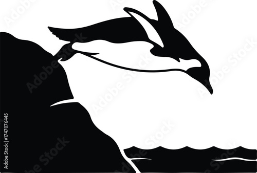 Vector silhouette penguin diving off cliff into water illustration