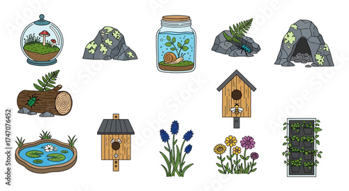 Collection of Miniature Garden Decorations and Accessories for Fairy Gardens.