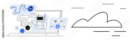 Robotic chatbot displaying messages, emoticons, decision-making flow, and profile icons on open laptop by digital cloud. Ideal for AI, automation, communication, networking, technology innovation