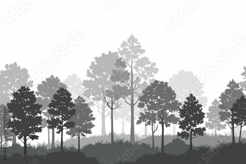 Misty grayscale forest landscape ideal for minimalist designs and tranquil backgrounds with layered trees and subtle textures