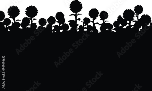 Vector silhouette sunflower field black and white illustration