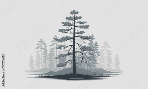 Peaceful pine forest silhouette reflected on water, perfect for nature lovers and outdoor adventures in a calming, monochrome scene
