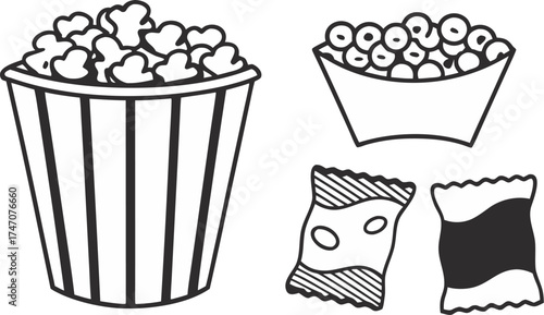 popcorn and snack icons popcorn bucket chips bag