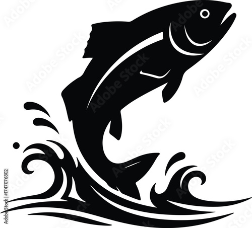 Vector silhouette trout fish jumping out of water illustration