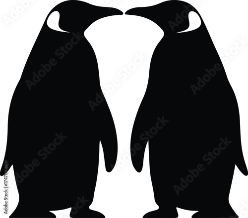 Vector silhouette two penguins touching beaks monochrome illustration