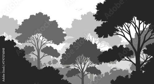 Serene grayscale forest landscape with misty trees and birds flying above for a calming nature scene background design