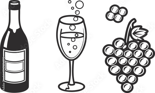 wine and champagne icons bottle glass grapes c
