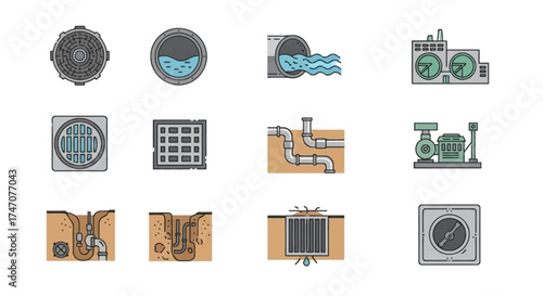 Collection of plumbing and drainage system icons and illustrations.