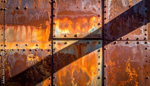 Weathered metal texture with shadow and rivets showing oxidation