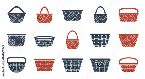 Collection of various empty woven wicker baskets vector illustration.