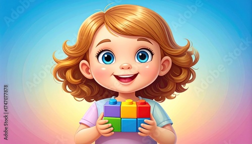 Smiling child holding colorful blocks against gradient background illustration