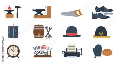 Collection of various tools and items representing different crafts and professions.