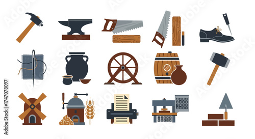 Collection of various tools and objects used in craftsmanship and industry.