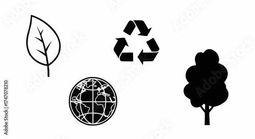 Minimal 4 Icon Vector Set – Eco and Environment Symbols of Leaf, Recycle Sign, Globe and Tree in Black SVG Outline Style on White Background