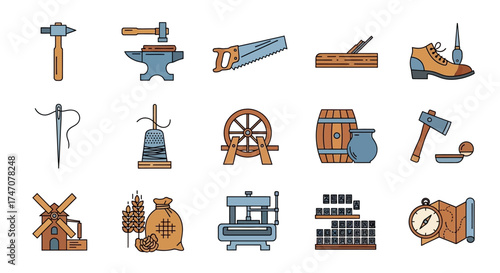 Collection of Vintage Craftsmanship Tools and Objects Representing Old Trades.