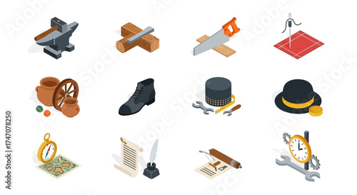 Collection of vintage isometric icons including anvil cannon and top hat.