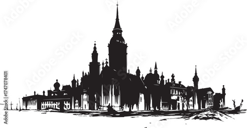 Gloomy urban landscape. Hand drawn vector illustration	