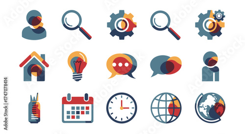 Colorful Business and Technology Icon Set with Abstract Overlays.