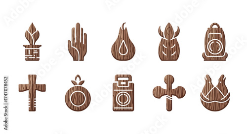 Collection of Wooden Textured Spiritual and Mystical Symbols.