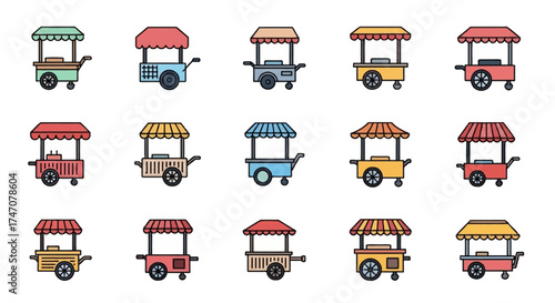 Colorful collection of street food vendor cart icons.