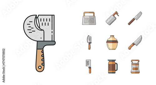 Colorful line art icon set of kitchen utensils and tools.