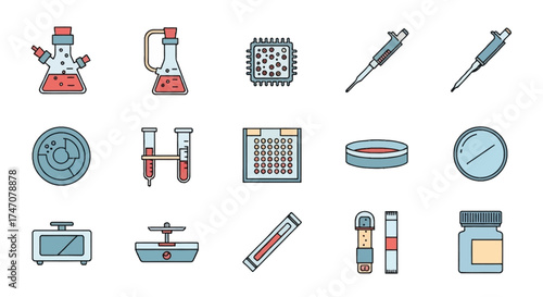 Colorful Scientific Laboratory Equipment Icon Set for Research.