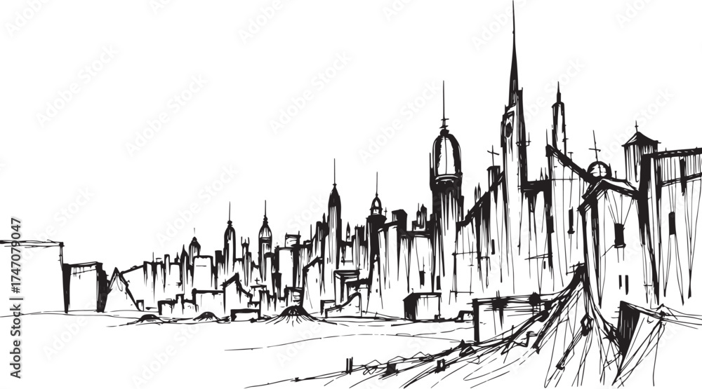 Fototapeta premium Gloomy urban landscape. Hand drawn vector illustration 