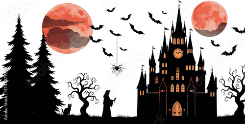 Halloween spooky scene illustration, haunted castle and red moon, cloaked figure with staff, black cat and bats, eerie forest silhouette design