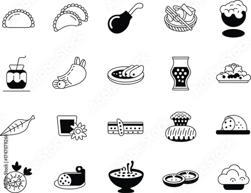 Collection of hand drawn doodle icons representing various food items and ingredients