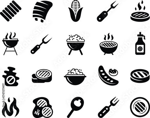 Collection of barbecue and grilling icons representing food and cooking equipment