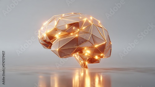 Abstract 3D illustration of a glowing geometric brain on a reflective surface.