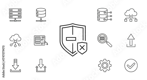 Data security shield and server network line icon set.