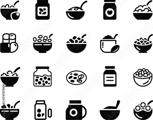 Collection of black and white icons representing breakfast cereals jars and bowls of food