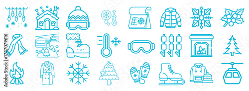Collection of Winter Themed Icons in Blue Outline Style