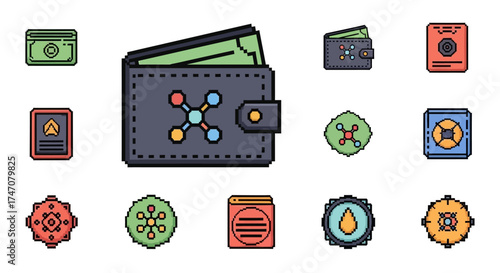 Digital Wallet Icons Representing Cryptocurrency and Finance.