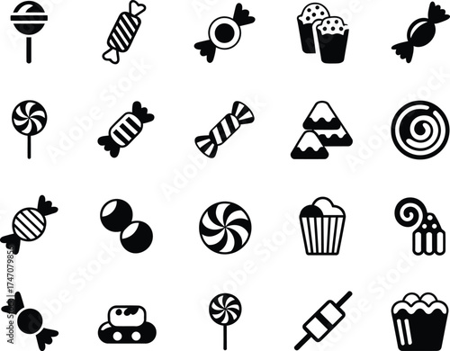 Collection of various candy and sweet treat icons in a black and white silhouette style