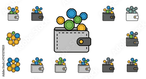 Digital Wallet Icons Representing Cryptocurrency and Financial Transactions.
