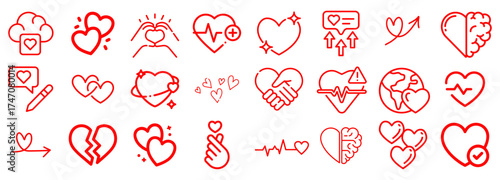 Red Heart Icons Love, Health, and Connection Symbols